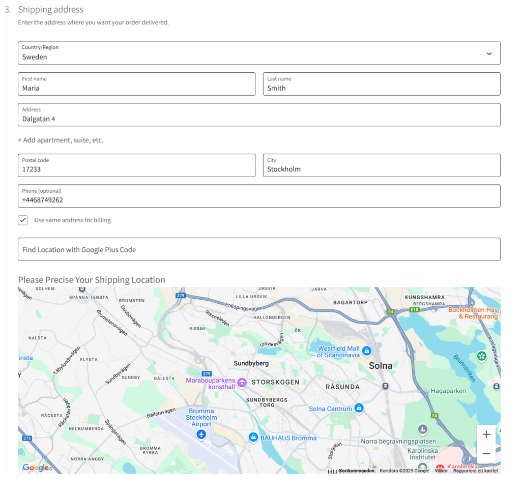A map can be shown on the checkout page