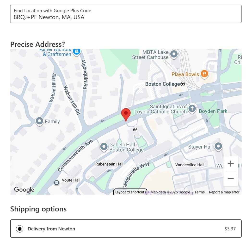 A Plus Code entered at checkout moves the map marker to the exact delivery point; the shipping price follows