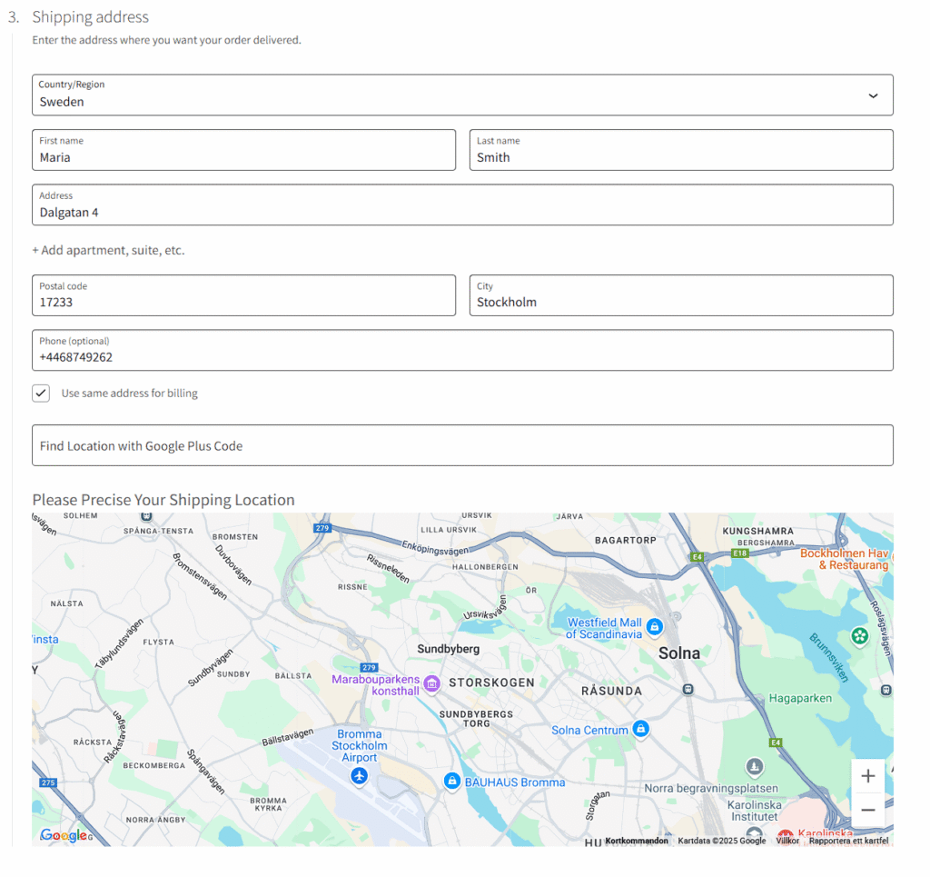 A delivery map on the WooCommerce checkout page