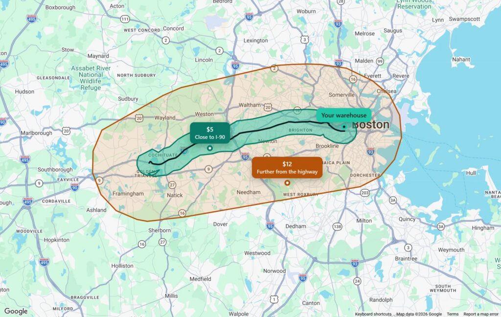 A narrow cheap delivery corridor along the I-90 highway west of Boston, inside a wider zone with a higher price
