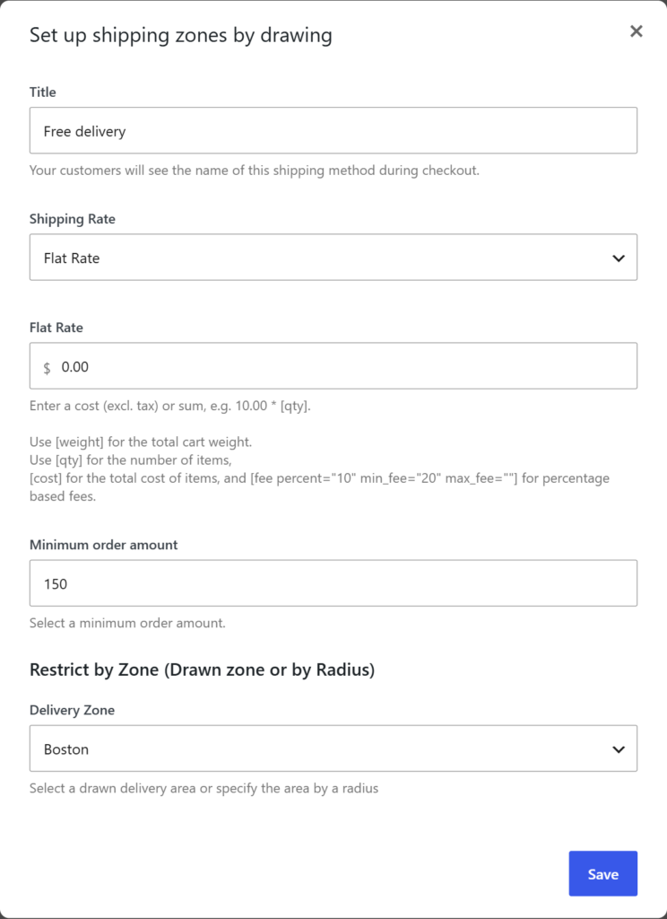 Shipping method Free delivery: flat rate 0, minimum order amount 150, delivery zone Boston
