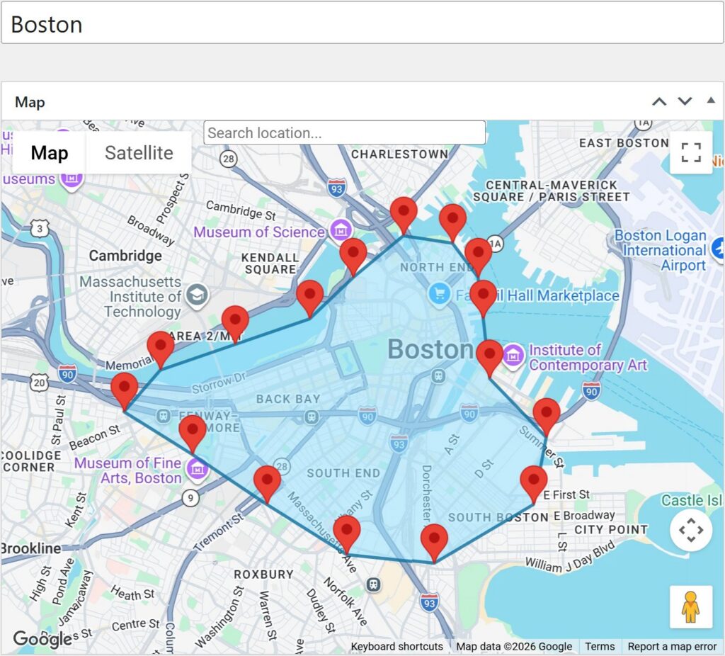 A delivery zone drawn on a map of Boston