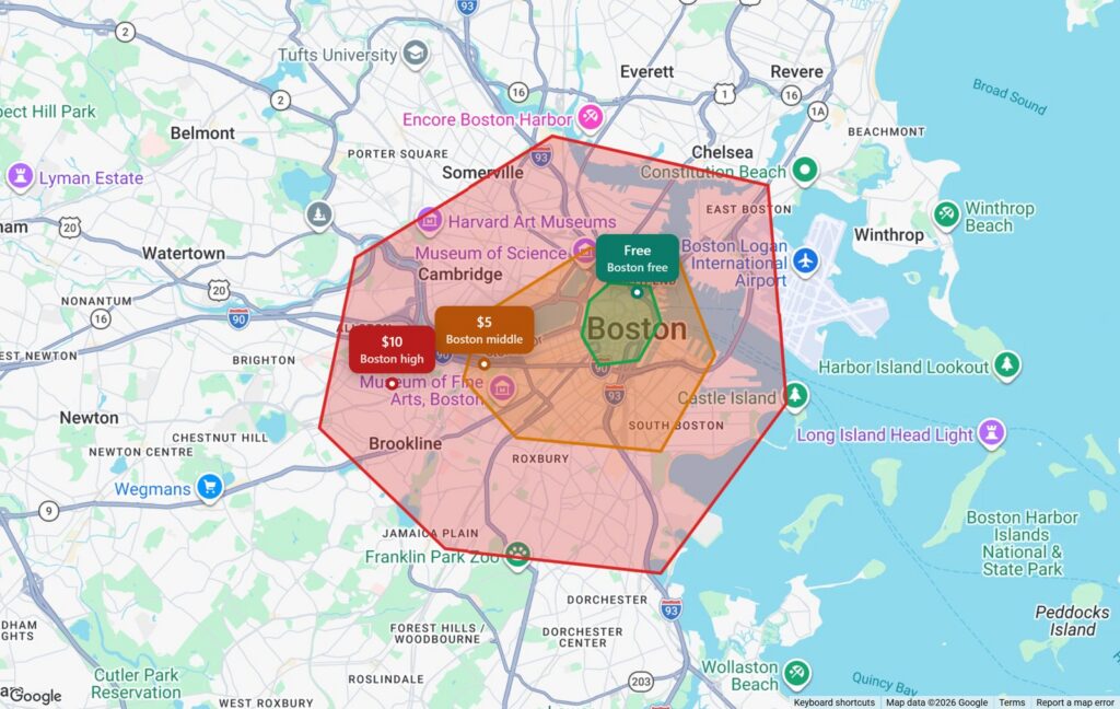 Three overlapping delivery zones in Boston: free downtown,  in the middle and  further out