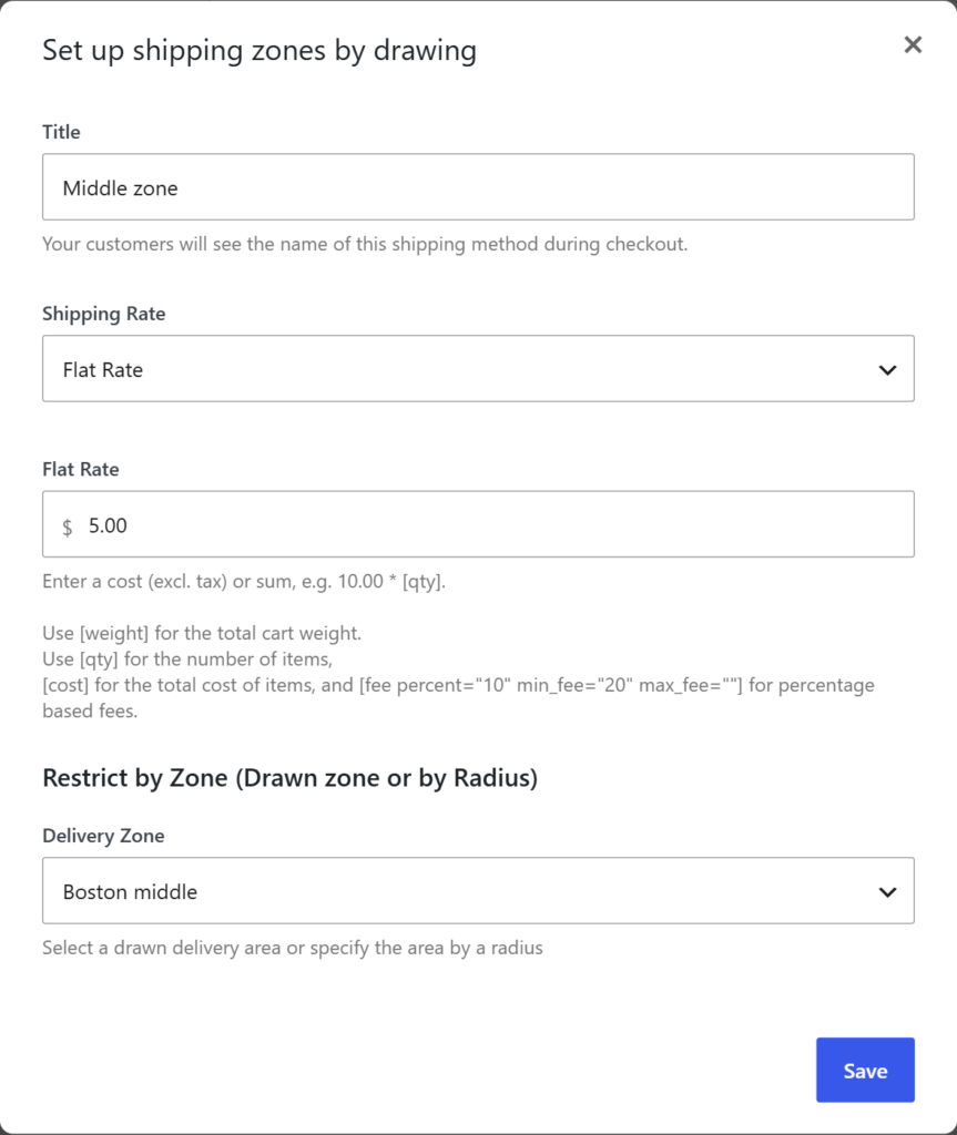 Middle zone method: flat rate 5, delivery zone Boston middle