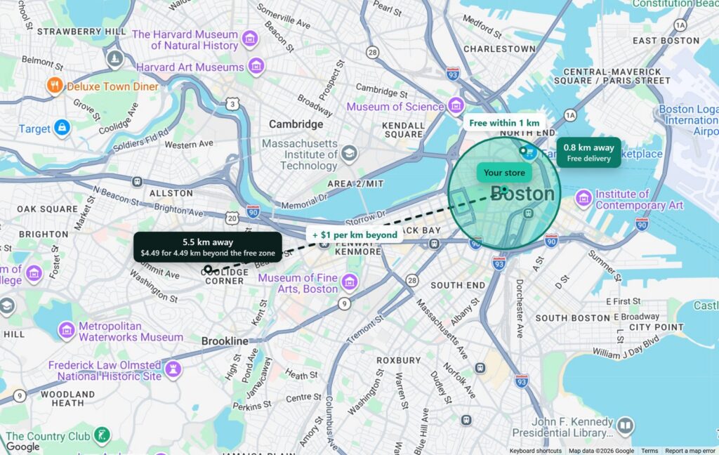 Map of a Boston store with a 1 km free delivery circle and a customer in Brookline 5.5 km away paying .49