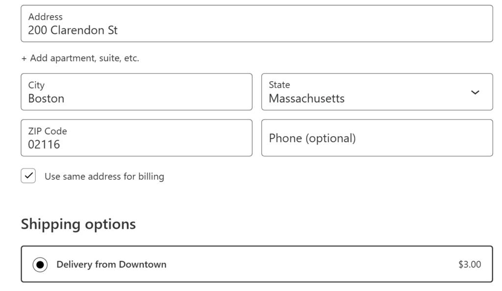 Back Bay address: Delivery from Downtown, .00