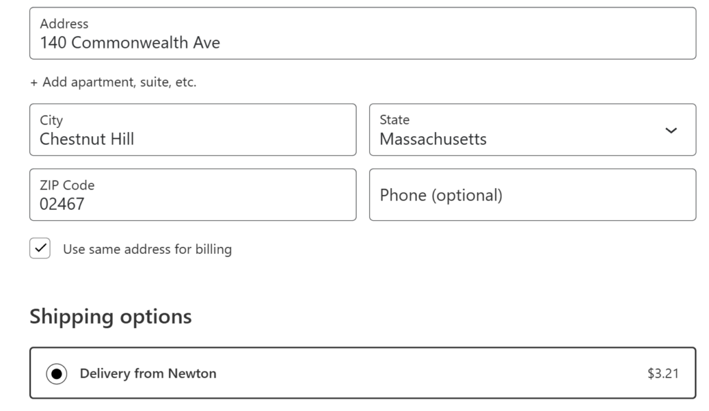Chestnut Hill address: Delivery from Newton, .21