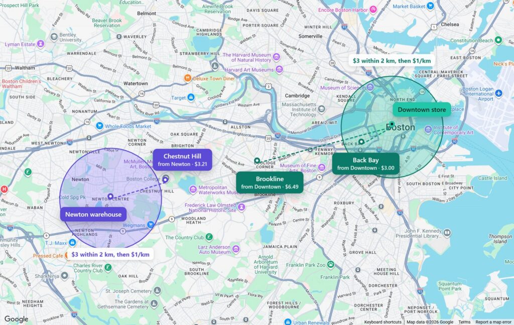 Two locations in Boston, each with its own delivery circle; every address is served from the location that is cheaper to reach